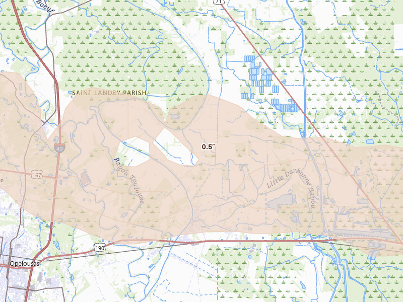 Radar-estimated hail-size map of the storm over Port Barre, LA on May 8, 2026