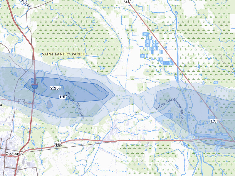 NEXRAD radar-signature map of the hail storm over Port Barre, LA on May 8, 2026