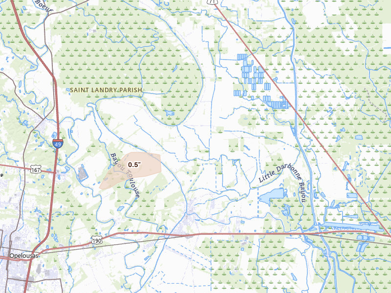 Radar-estimated hail-size map of the storm over Port Barre, LA on Jul 15, 2026