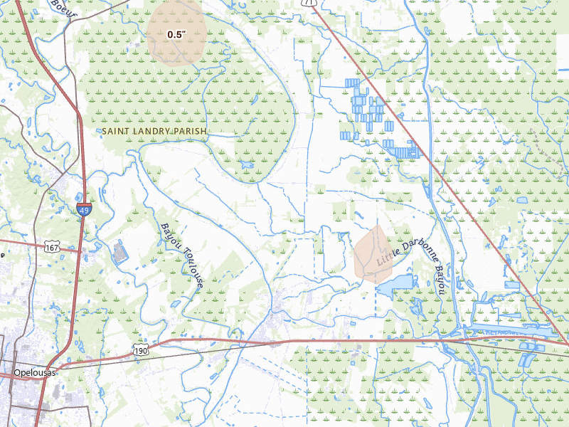 Radar-estimated hail-size map of the storm over Port Barre, LA on Jul 20, 2026