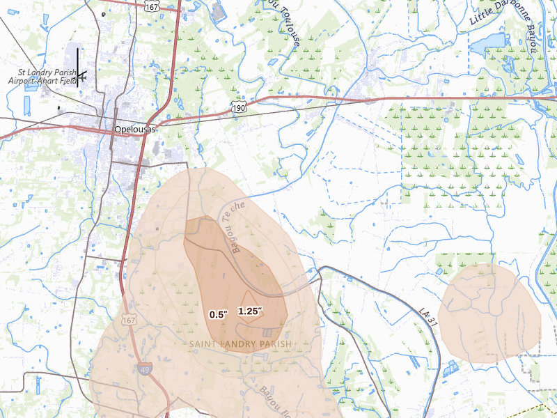 Radar-estimated hail-size map of the storm over Port Barre, LA on Aug 21, 2026