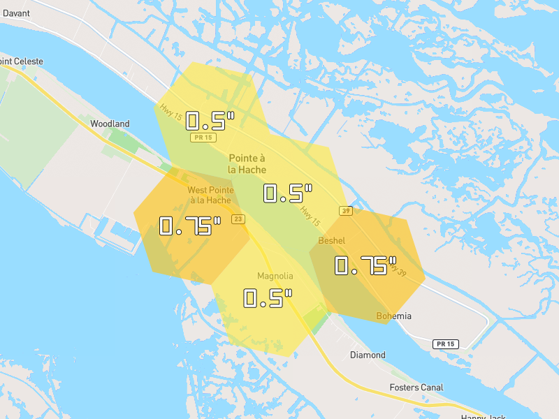 Hail map of Port Sulphur, LA on Jul 11, 2026, hail up to 0.75"