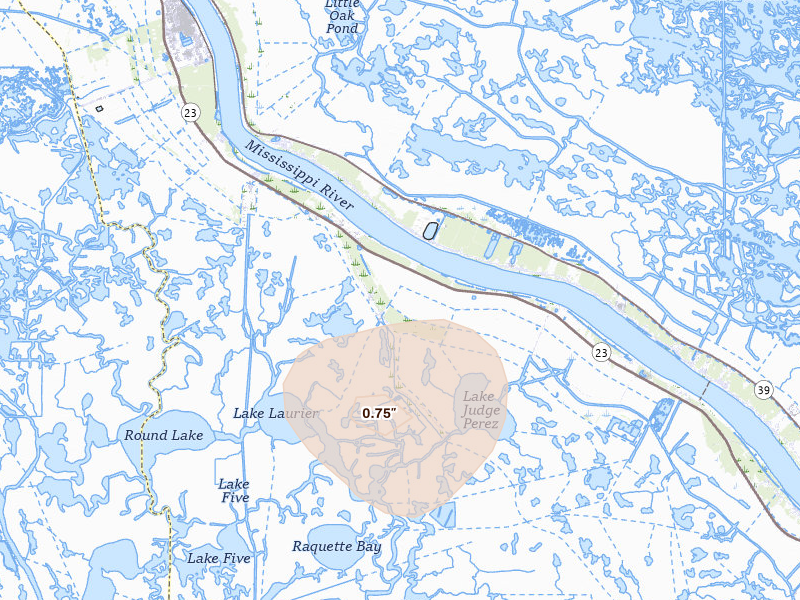 Radar-estimated hail-size map of the storm over Port Sulphur, LA on Aug 23, 2026