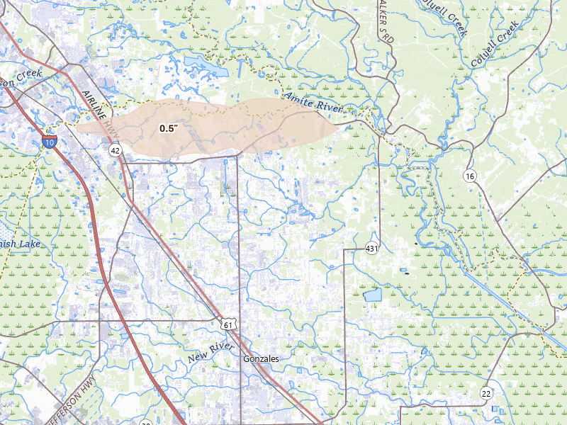 Radar-estimated hail-size map of the storm over Prairieville, LA on May 8, 2026