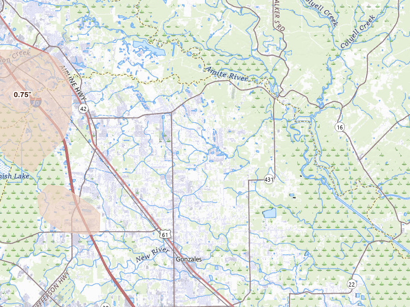 Radar-estimated hail-size map of the storm over Prairieville, LA on Jul 7, 2026