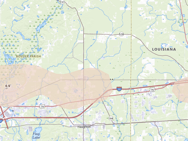 Radar-estimated hail-size map of the storm over Princeton, LA on Mar 15, 2026