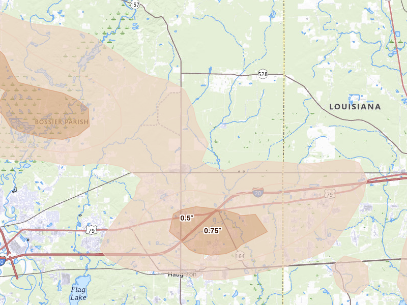 Radar-estimated hail-size map of the storm over Princeton, LA on May 8, 2026