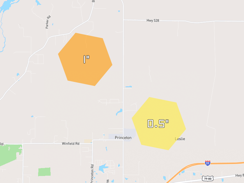 Hail map of Princeton, LA on Jun 2, 2026, hail up to 1"