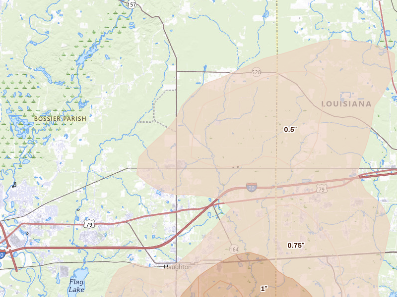 Radar-estimated hail-size map of the storm over Princeton, LA on Jun 22, 2026