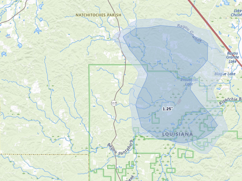 NEXRAD radar-signature map of the hail storm over Provencal, LA on Jul 7, 2026