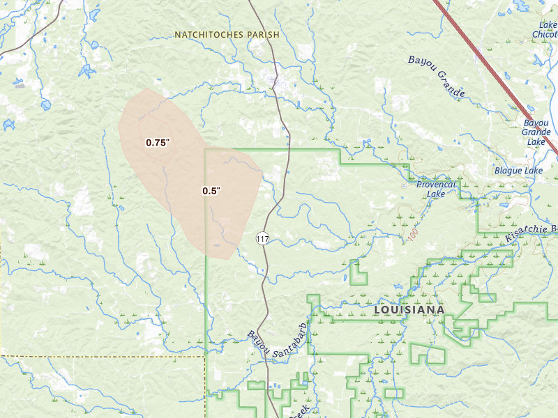 Radar-estimated hail-size map of the storm over Provencal, LA on Jul 8, 2026