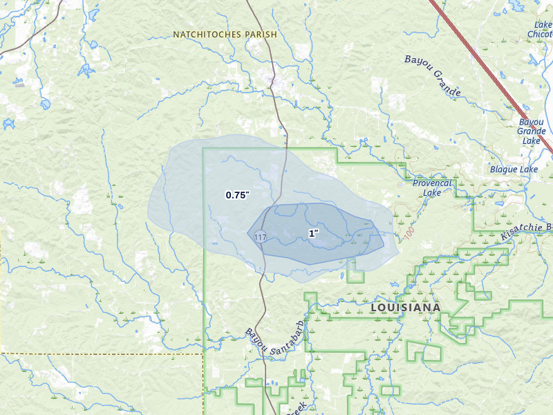 NEXRAD radar-signature map of the hail storm over Provencal, LA on Jul 8, 2026