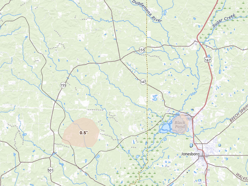 Radar-estimated hail-size map of the storm over Quitman, LA on Jul 4, 2026