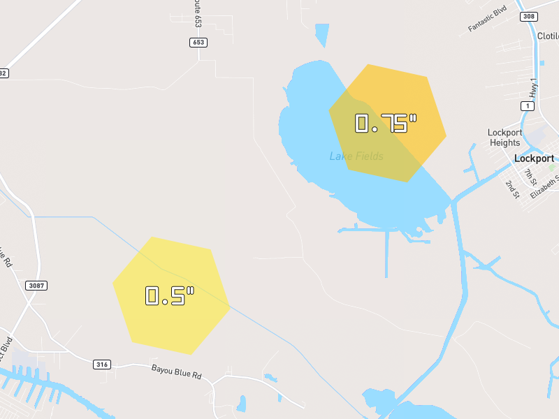 Hail map of Raceland, LA on Jun 2, 2026, hail up to 0.75"