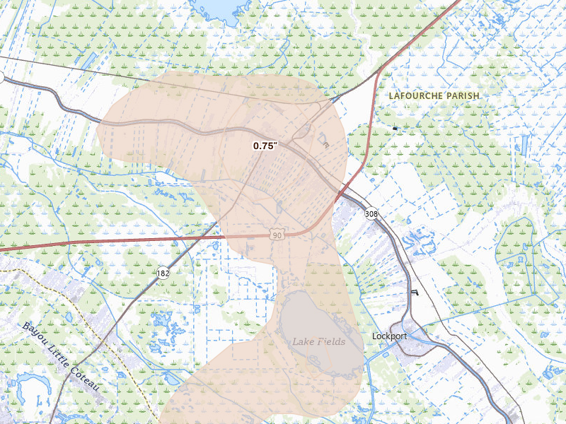 Radar-estimated hail-size map of the storm over Raceland, LA on Aug 25, 2026