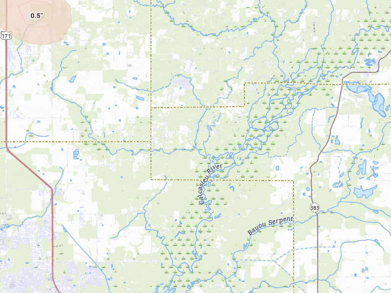 Radar-estimated hail-size map of the storm over Ragley, LA on Jul 1, 2026