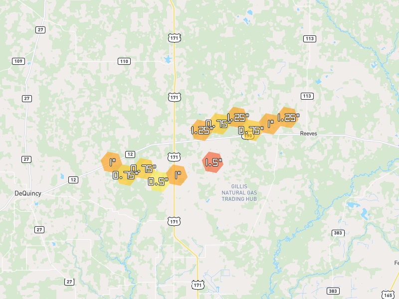Hail map of Ragley, LA on Jul 1, 2026, hail up to 1.5"