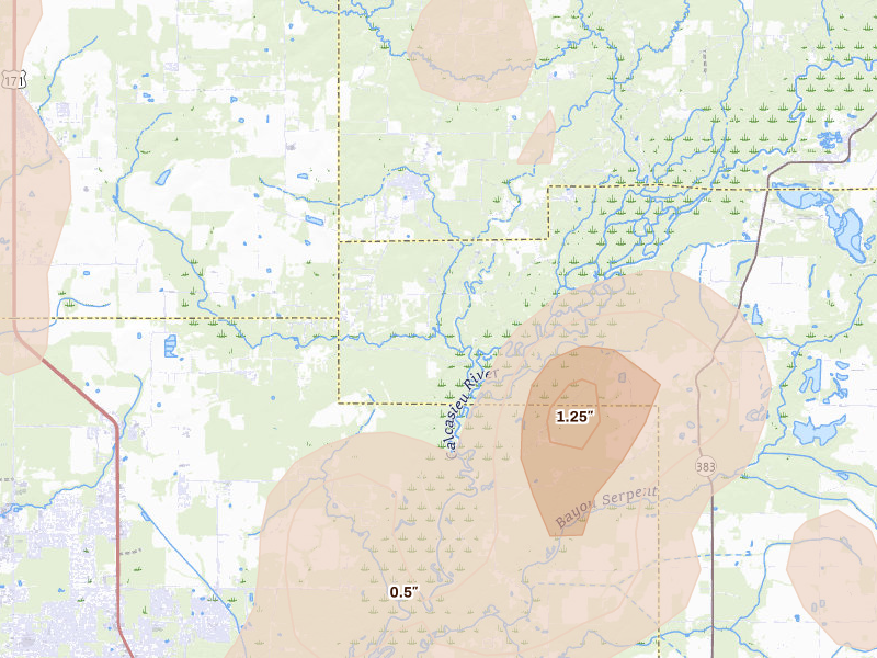 Radar-estimated hail-size map of the storm over Ragley, LA on Jul 5, 2026