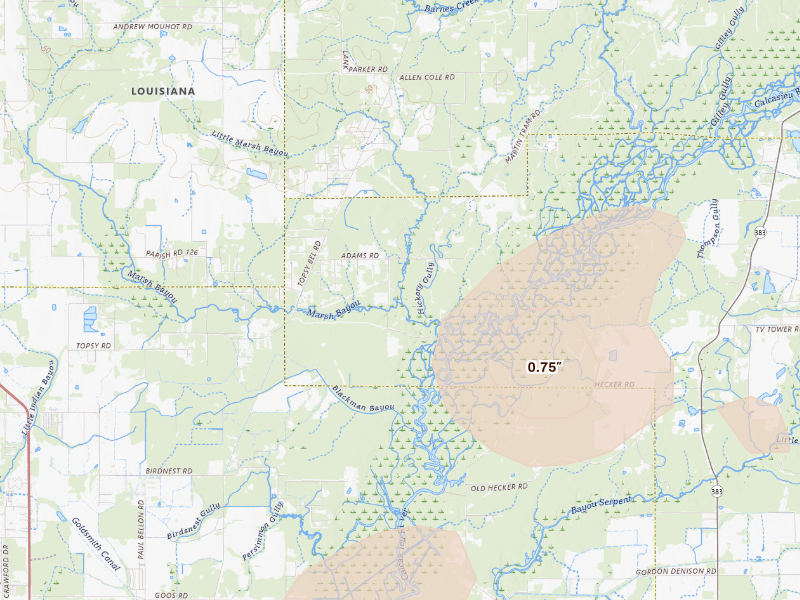 Radar-estimated hail-size map of the storm over Ragley, LA