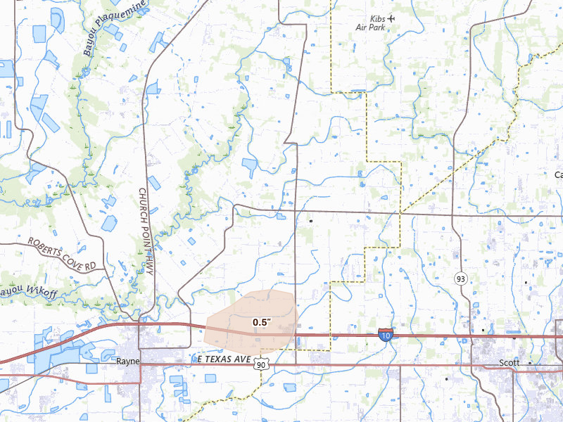 Radar-estimated hail-size map of the storm over Rayne, LA on May 10, 2026