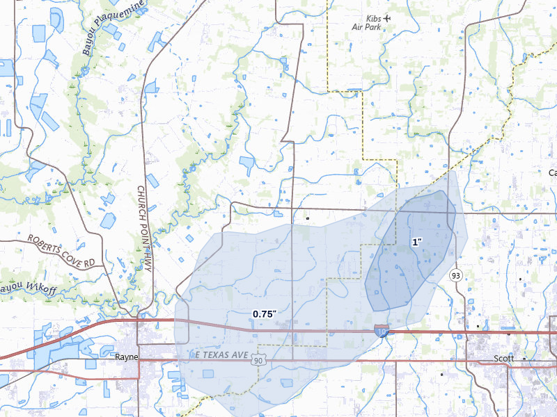 NEXRAD radar-signature map of the hail storm over Rayne, LA on May 10, 2026