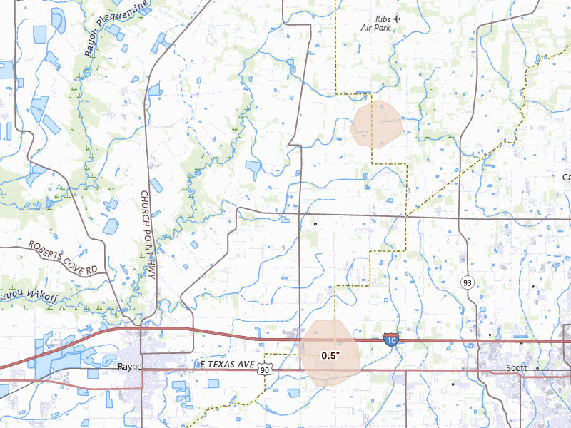 Radar-estimated hail-size map of the storm over Rayne, LA on Jul 1, 2026