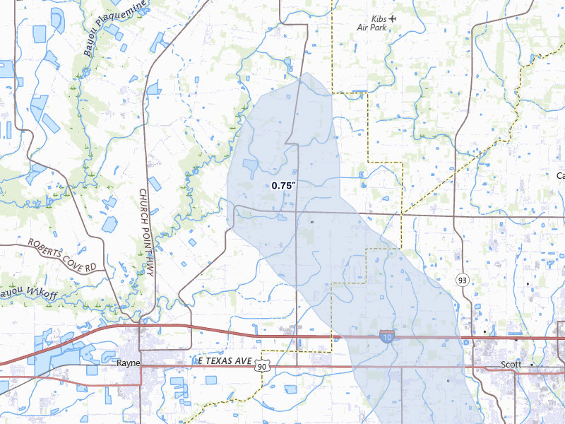 NEXRAD radar-signature map of the hail storm over Rayne, LA on Jul 1, 2026