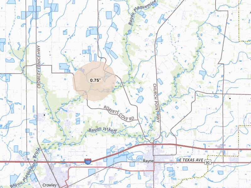 Radar-estimated hail-size map of the storm over Rayne, LA on Aug 7, 2026