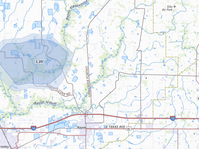 NEXRAD radar-signature map of the hail storm over Rayne, LA on Aug 7, 2026