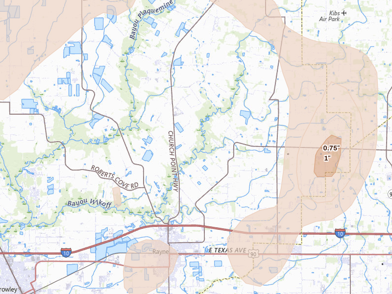 Radar-estimated hail-size map of the storm over Rayne, LA on Aug 21, 2026