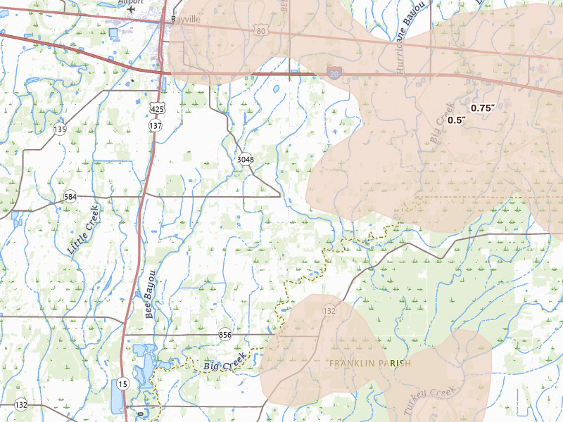 Radar-estimated hail-size map of the storm over Rayville, LA on May 22, 2026