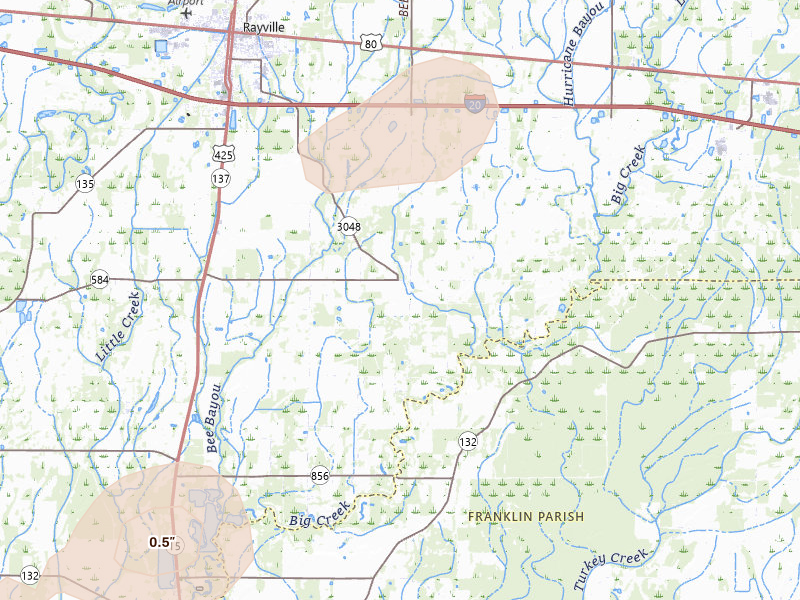 Radar-estimated hail-size map of the storm over Rayville, LA on Jun 1, 2026