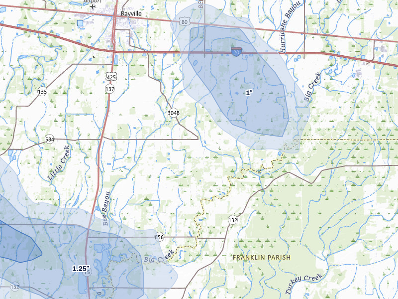 NEXRAD radar-signature map of the hail storm over Rayville, LA on Jun 1, 2026