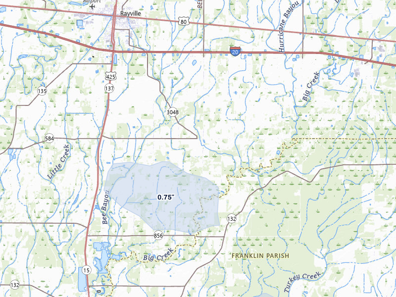 NEXRAD radar-signature map of the hail storm over Rayville, LA on Jul 1, 2026