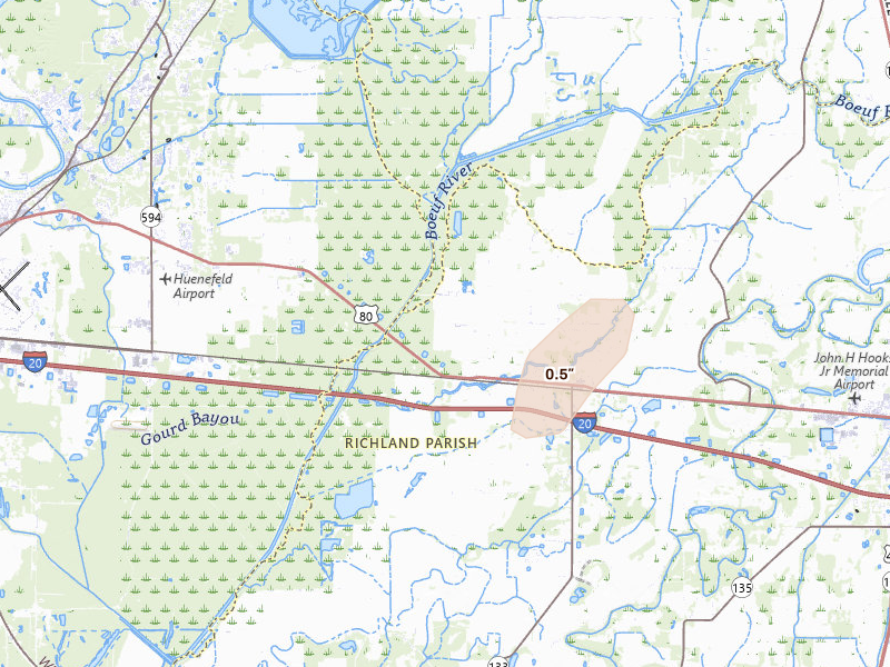 Radar-estimated hail-size map of the storm over Rayville, LA on Aug 6, 2026