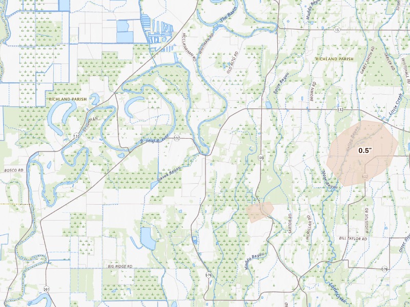Radar-estimated hail-size map of the storm over Rayville, LA on Sep 13, 2026