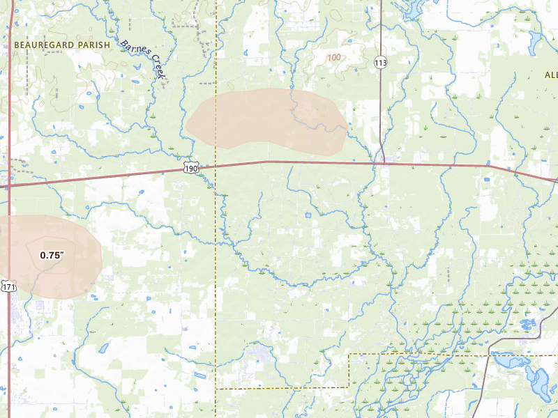 Radar-estimated hail-size map of the storm over Reeves, LA on Jul 1, 2026