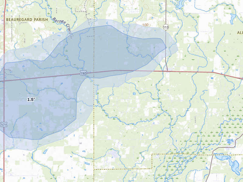 NEXRAD radar-signature map of the hail storm over Reeves, LA on Jul 1, 2026
