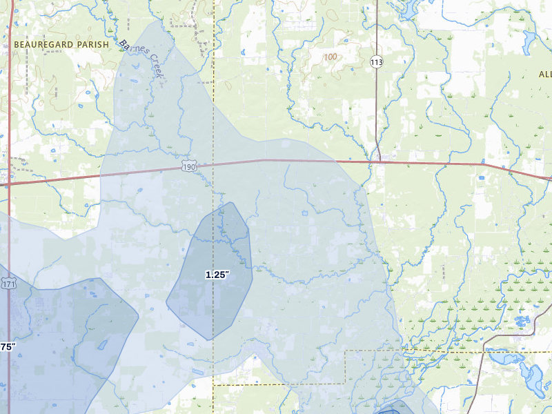NEXRAD radar-signature map of the hail storm over Reeves, LA on Jul 5, 2026
