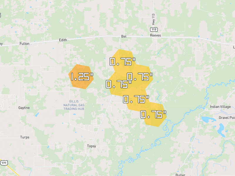 Hail map of Reeves, LA on Jul 5, 2026, hail up to 1.25"
