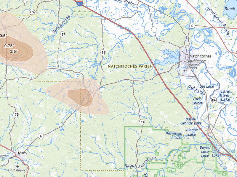 Radar-estimated hail-size map of the storm over Robeline, LA on May 10, 2026