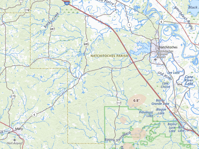 Radar-estimated hail-size map of the storm over Robeline, LA on Jul 7, 2026