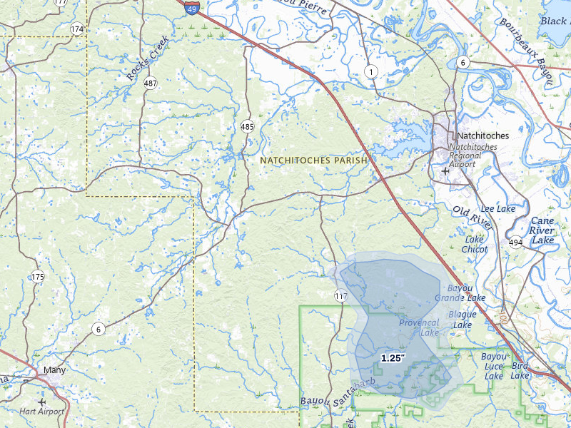 NEXRAD radar-signature map of the hail storm over Robeline, LA on Jul 7, 2026