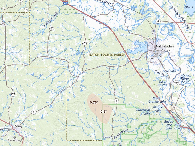 Radar-estimated hail-size map of the storm over Robeline, LA on Jul 8, 2026