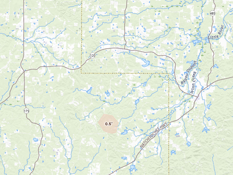 Radar-estimated hail-size map of the storm over Robeline, LA on Aug 23, 2026