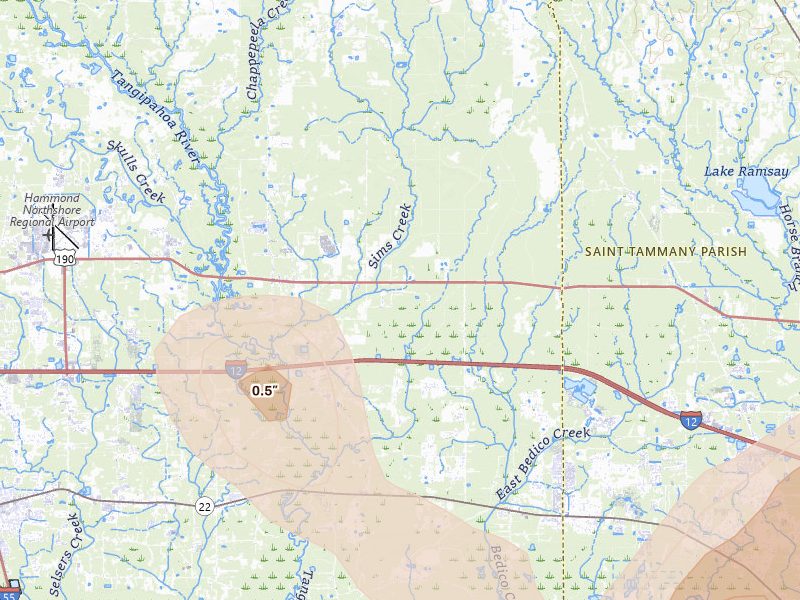Radar-estimated hail-size map of the storm over Robert, LA on Aug 21, 2026