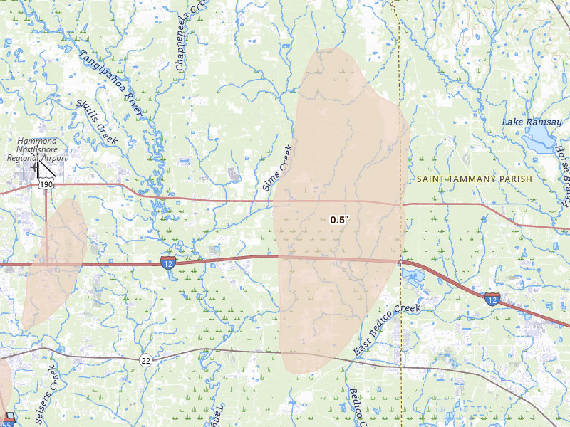 Radar-estimated hail-size map of the storm over Robert, LA on Aug 23, 2026