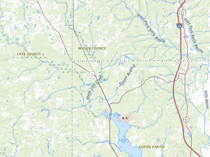 Radar-estimated hail-size map of the storm over Rodessa, LA on Apr 26, 2026