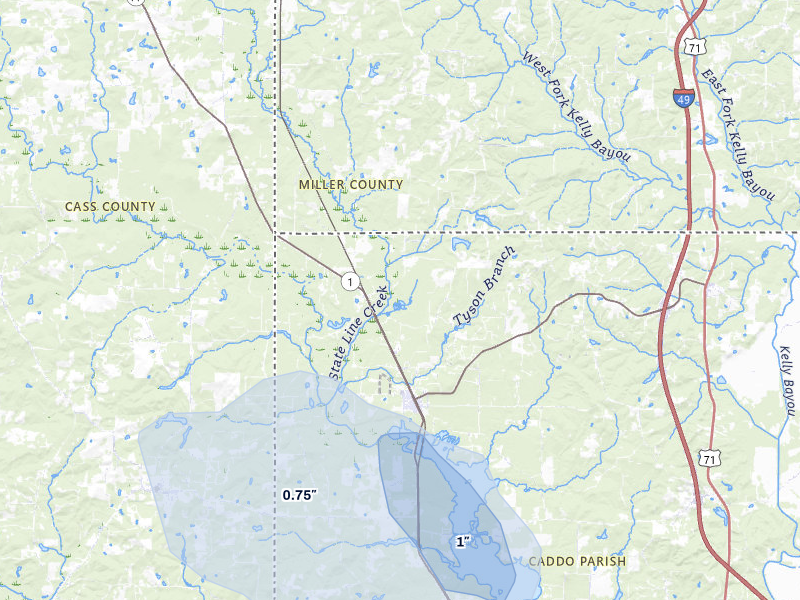 NEXRAD radar-signature map of the hail over Rodessa, LA
