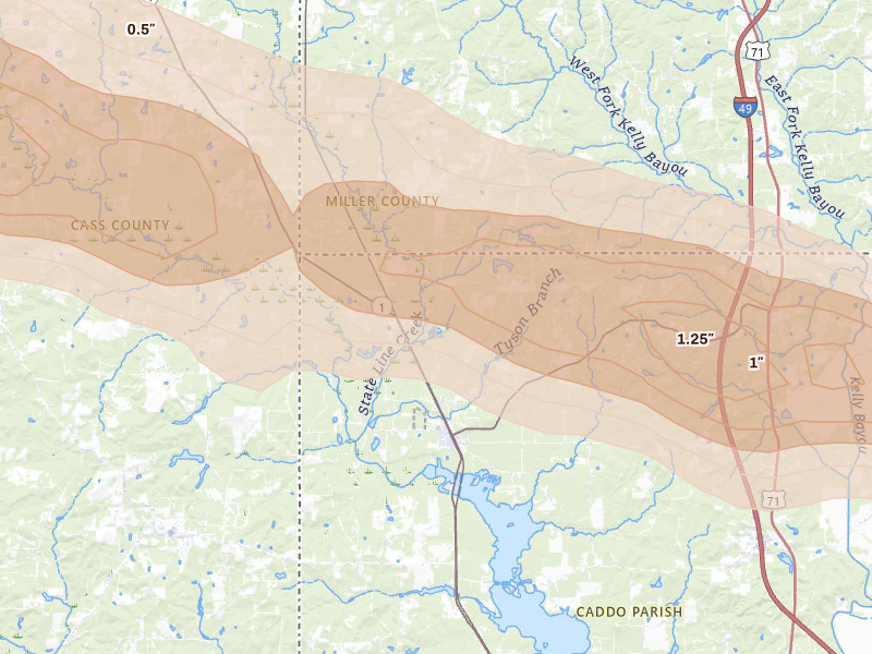 Radar-estimated hail-size map of the storm over Rodessa, LA on Apr 29, 2026